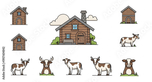 Farmhouse and Livestock Collection Illustration.