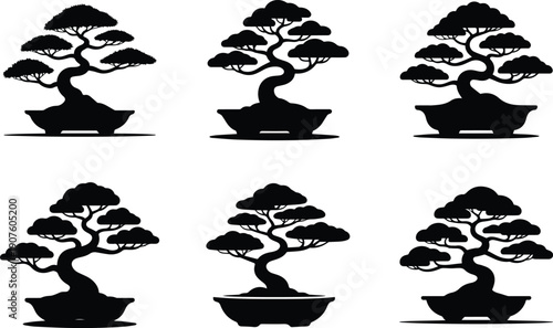 Set of Minimalist black bonsai tree in a shallow pot silhouette vector icon