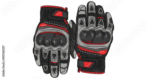 Pair of black red and grey motorcycle riding gloves with knuckle protection.
