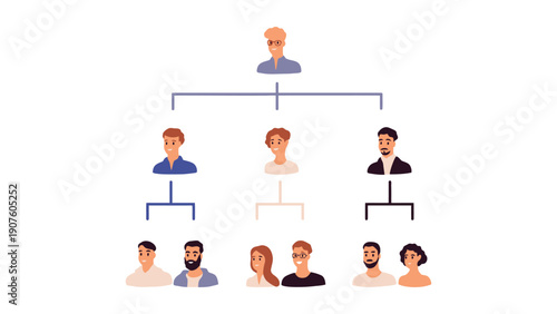 Organizational chart vector illustration with diverse team members and hierarchy structure