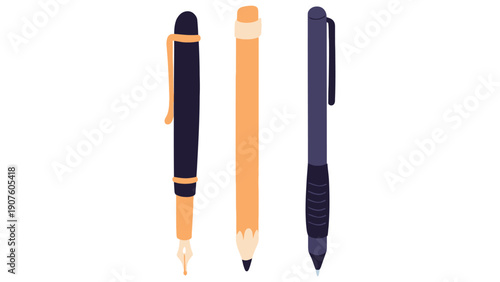 Stationery items including a feather, pen, pencil and ballpoint pen illustration