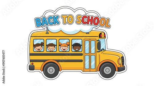 Cartoon school bus and caption on top back to schoolisolated on white background