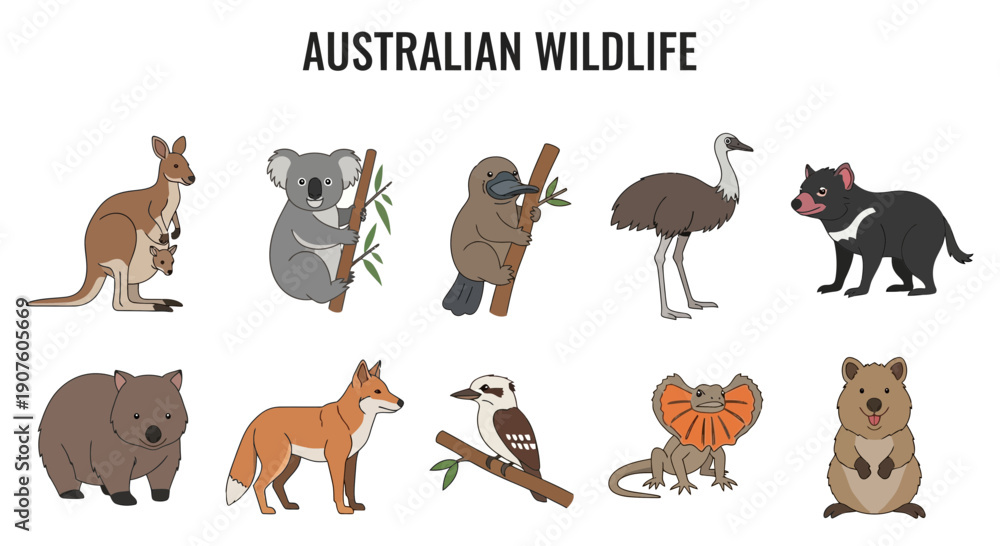 Fototapeta premium Illustration of ten distinct animals native to Australia displayed in two rows