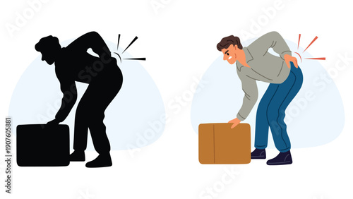 Back pain illustration of a man lifting a box in two different styles