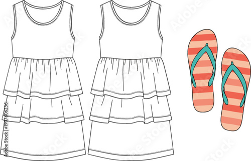 Girls Summer Dress Front and Back View with Flip Flops Vector Illustration Kids Fashion Outfit Clothing Design Isolated on White Background