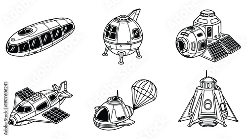 Spacecraft vector illustrations set for astronomy and space exploration designs