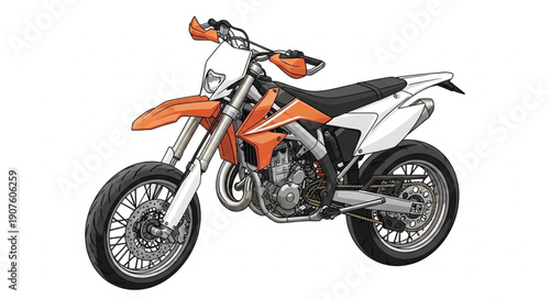 Orange and white supermoto motorcycle isolated on white background.