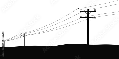 Silhouette of utility poles and power lines stretching across a landscape Keywords: power line, utility pole, silhouette
