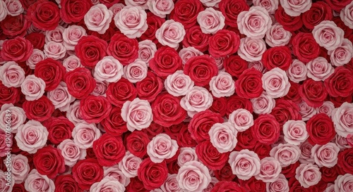 A beautiful floral background composed entirely of lush, blooming red and pink roses, creating a dense natural texture, wedding, bloom, romantic