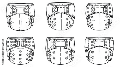 Cloth diaper vector illustration with various fastener designs and styles