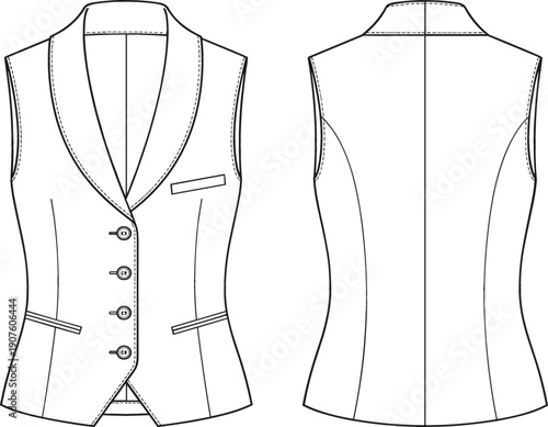 Women Sleeveless Tailored Vest Technical Fashion Drawing Front and Back View Vector Illustration for Apparel Design and Sewing Patterns
