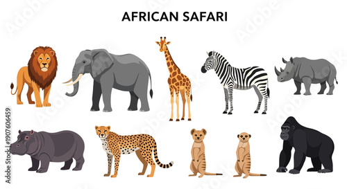 Ten distinct cartoon illustrations of African safari animals on a white background