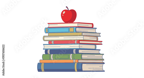 Stack of colorful books topped with a bright red apple