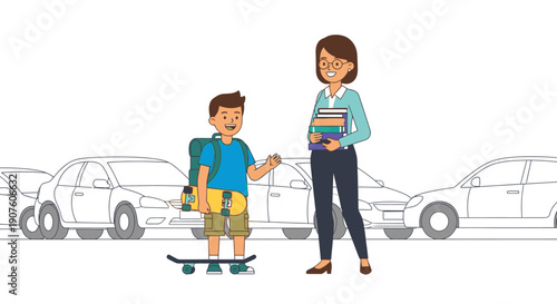 Cheerful boy with skateboard and backpack meets woman with books