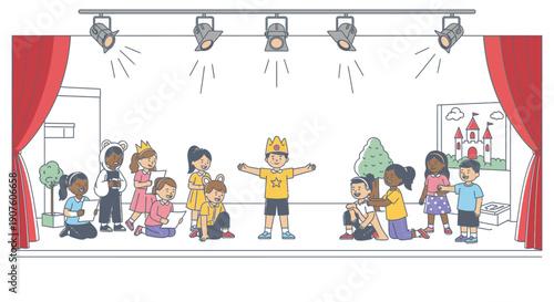 Diverse Group of Children Performing a Play, Boy in King Costume Center Stage