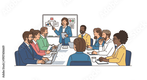 Diverse Business Team in Meeting, Presenting Data on Whiteboard