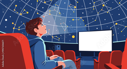Young boy in blue hoodie observing projected constellations in a dark planetarium dome.