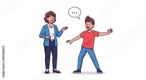 A cartoon woman in a blue jacket talking to a surprised boy in a red shirt, with a speech bubble containing an ellipsis.