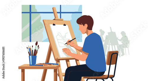Young Artist Drawing Landscape on Easel, Focused Expression, Blue Shirt