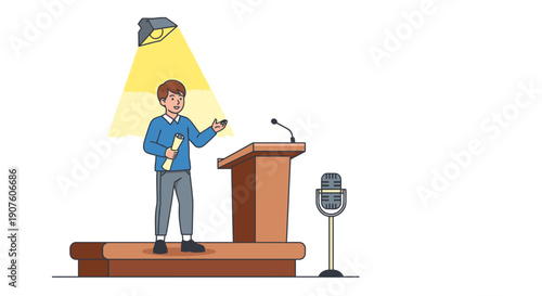Young Man Holding Diploma Speaking at Podium Under Spotlight