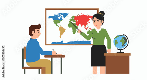 Teacher Explaining World Map to Student in Classroom