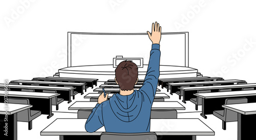Student raising hand in lecture hall with rows of desks