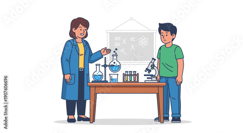 Friendly female teacher in a blue lab coat explaining a chemistry experiment to a young male student in a science class.