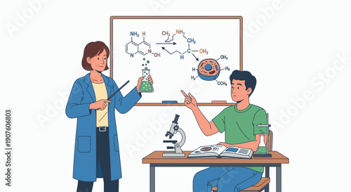 Teacher Explaining Chemistry Formulas to Student in Laboratory Setting