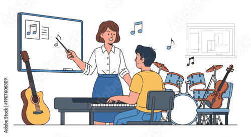 Music Teacher Explaining Notes to Student Playing Piano in Class