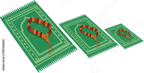 Green Islamic prayer mat vector with brown prayer beads, three sizes, isolated on white