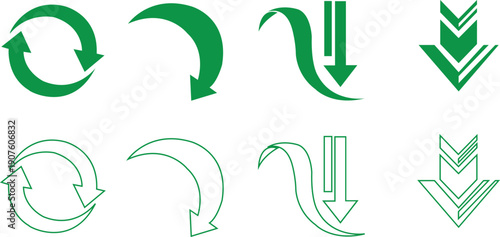 Set of green arrows in circular curved and downward pointing styles