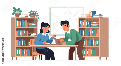 A young man and woman studying together at a library desk, pointing at an open book in a flat illustration style.