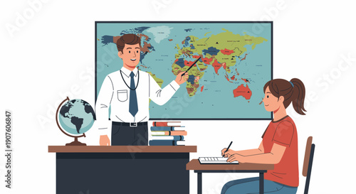 Teacher Explaining World Map to Student in Classroom