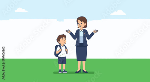 A friendly woman in a blue suit gesturing and talking to a young schoolboy with a backpack.