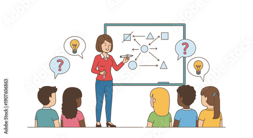 Smiling female teacher explaining a diagram with geometric shapes and arrows on a whiteboard to attentive students.