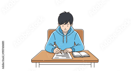 Serious young student in a blue hoodie diligently writing at a wooden desk, focused on his studies.