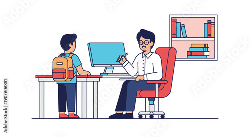 Friendly teacher with glasses at a desk with a computer, explaining a lesson to a young student with a backpack.