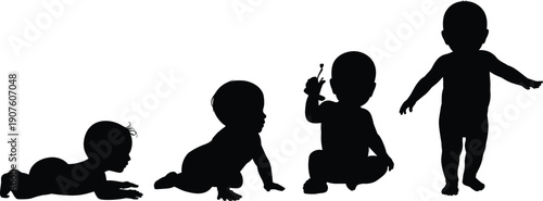 Silhouettes of a baby's development stages from crawling to standing infant child