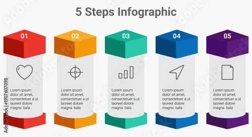 5 Steps 3D Infographic Template with Vertical Process Columns for Business Presentation