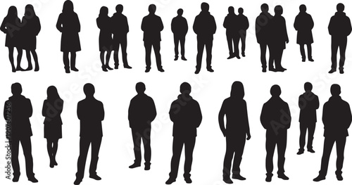 Silhouettes of people standing in various business casual poses