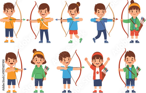 Cute kids playing archery with bows and arrows in different poses, active children sport activity cartoon vector illustration isolated on white background
