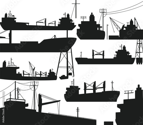Silhouettes of cargo ships and industrial cranes in a harbor on a white background vessel freighter