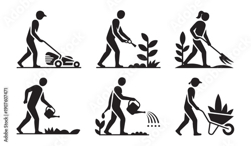 People gardening and landscaping silhouettes performing seasonal yard work and planting tasks
