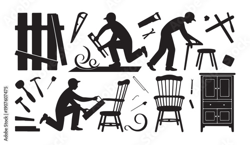 Carpentry tools and craftsmen silhouettes working on furniture design and wood construction