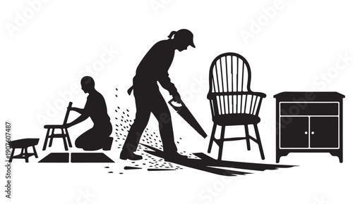 Artisans building wooden furniture silhouettes demonstrating traditional woodcraft techniques