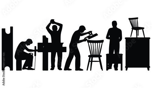 Woodworkers crafting furniture in workshop silhouettes illustrating professional carpentry art