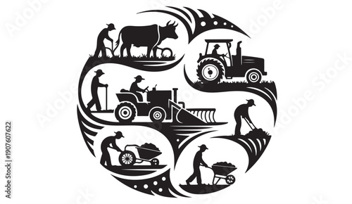Farming and agriculture circular design with farmers, tractor, and animals