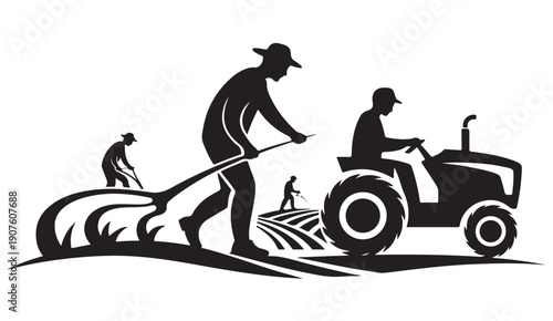 Agricultural field work with farmers and tractor, tilling soil