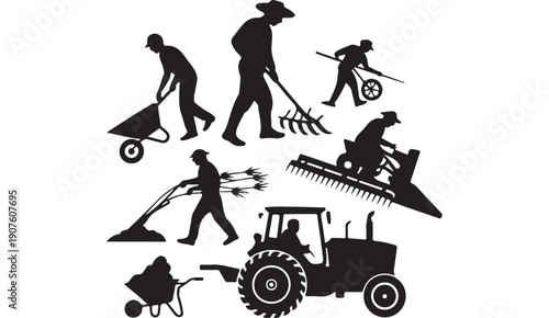 Farm and garden work with tractor, wheelbarrows, and tools