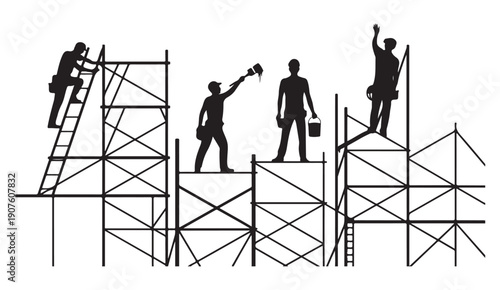 Workers painting, constructing, and supervising on scaffolding, various building trades